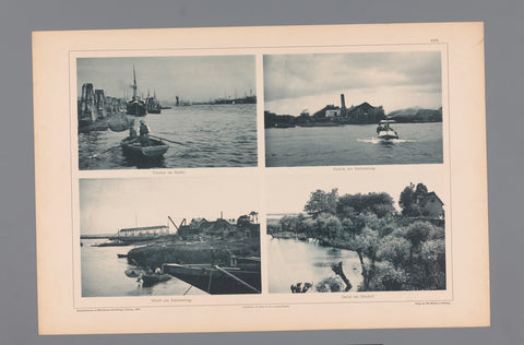 Three images of a fisherman in the port of Hamburg, a view of a factory building and a view of a wharf on the Reiherstieg and a dike near Neuhof, Wilhelm Dreesen, 1894 Canvas Print