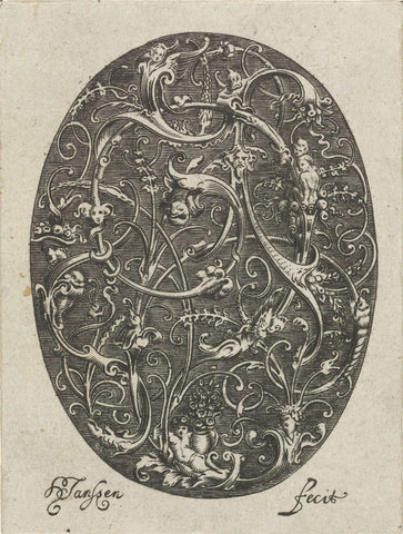 Oval with stylized tendrils in which heads are incorporated, Hans Janssen, 1615 - c. 1630 Canvas Print