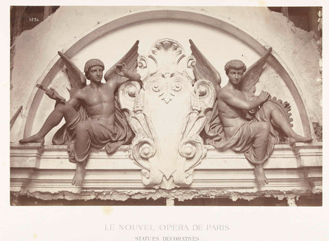 Two bronze statues of male angels with wheels and hammers in hand, sitting on either side of a medallion, situated above a door party., Louis-Emile Durandelle, c. 1878 - 1881 Canvas Print