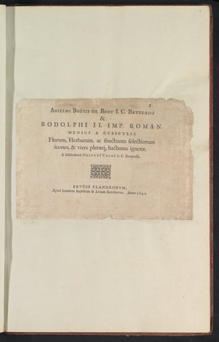 Title page for De Boodts herbarium of 1640, Anselm Boëtius de Boodt, 1640 Canvas Print