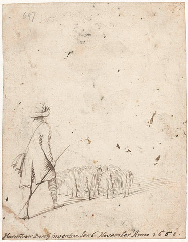 Shepherd and his sheep, from behind, Harmen ter Borch, 1651 Canvas Print