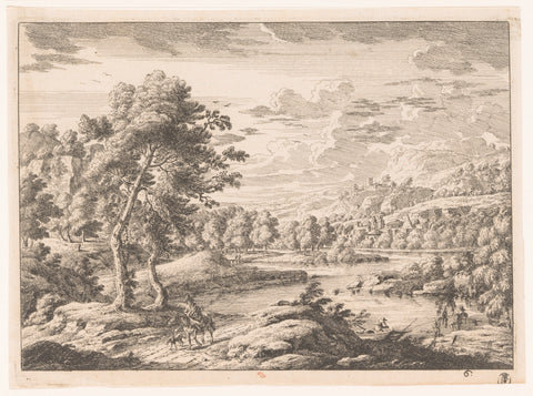 Landscape with river, Monogrammist MEG, 1700 - 1730 Canvas Print