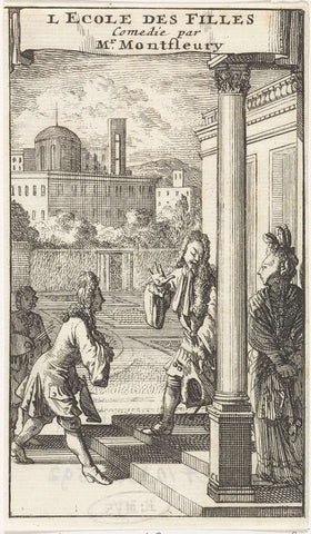 Isabelle is greeted on the sidewalk in front of her home by Don Jouan and Don Carlos, Caspar Luyken, 1698 Canvas Print