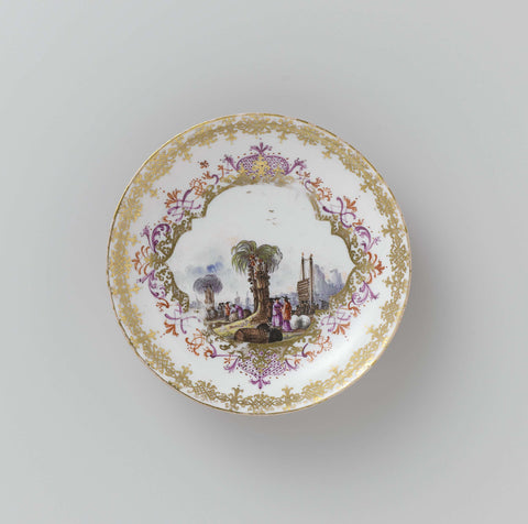 Dish, multicolored painted with a water landscape in a saved four-pass in an orange-red long distance, Meissener Porzellan Manufaktur, c. 1735 Canvas Print