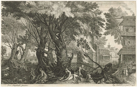 Resting hunters at a tree group, Aegidius Sadeler, 1597 - 1629 Canvas Print