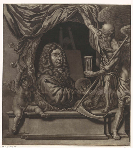 Self-portrait of Michiel van Musscher in allegorical frame, Michiel van Musscher, 1685 Canvas Print