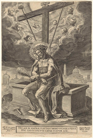 Christ as a man of sorrows, at his grave, Antonie Wierix (II), 1584 Canvas Print