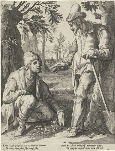 Two farmers in conversation: Ieder moet zijn eigen tuintje wieden, Jacob Matham (attributed to), 1588 - 1592 Canvas Print