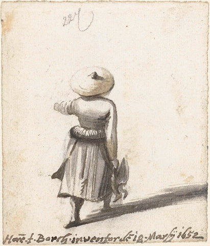 Woman with straw hat and ducks in her right hand, from behind, Harmen ter Borch, 1652 Canvas Print