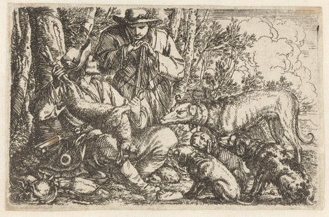 Two resting hunters with their dogs and booty, Jonas Umbach, 1634 - 1693 Canvas Print