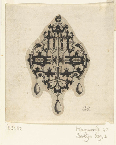 Pendant whose curling ends left and right in a silhouette-like fish head, Daniel Mignot, 1596 - 1616 Canvas Print