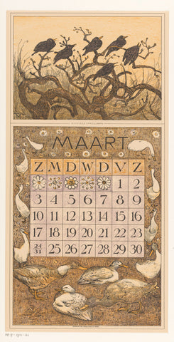 Calendar sheet March with starlings and ducks, Theo van Hoytema, 1911 Canvas Print