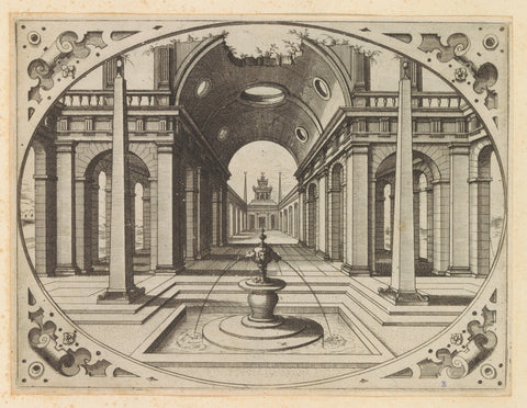 Portal with barrel vault and face in a street with arcades, Johannes or Lucas van Doetechum, after 1601 Canvas Print