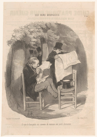 Two men read the newspaper in the park, Honoré Daumier, 1846 Canvas Print