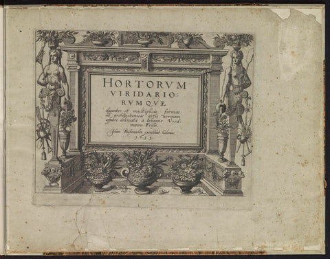 Ornamental frame with title flanked by female hermes, anonymous, 1615 Canvas Print