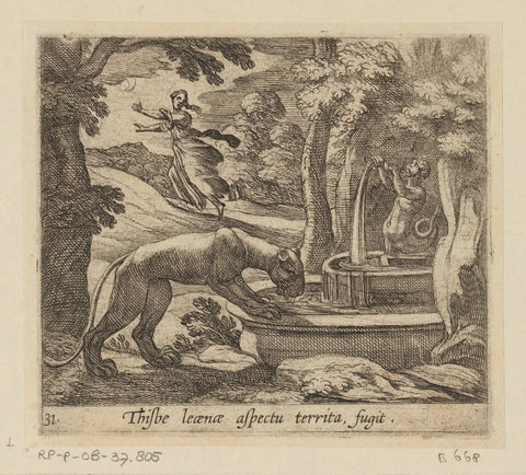 Thisbe flees from the lioness at the source, Antonio Tempesta, 1606 Canvas Print