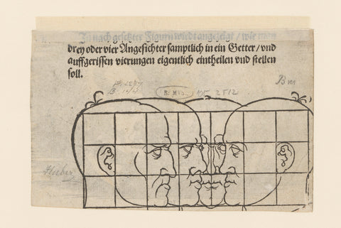 Models for four faces with grid, anonymous, Hans Sebald Beham, 1546 Canvas Print