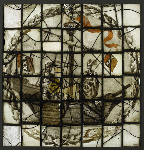 Diamond with two men in cog ship and flag with coat of arms Amsterdam, anonymous, 1671 Canvas Print