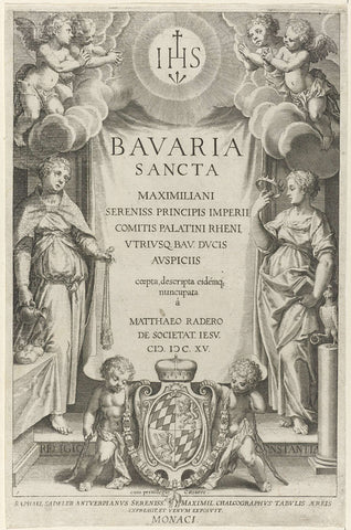 Title print of a first series about the saints of Bavaria with the personifications Religion and Steadfastness, Raphaël Sadeler (I), 1615 Canvas Print