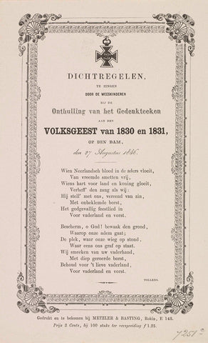 Dichtregelen, te zingen door de weeskinderen bij de Onthuling van het Gedenkteeken aan den Volksgeest van 1830 en 1831, op den Dam, den 27 Augustus 1856, Metzler & Basting, 1856 Canvas Print