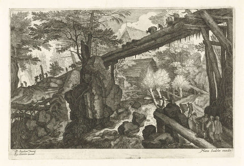 Wooden bridge above a waterfall, Aegidius Sadeler, 1624 - c. 1650 Canvas Print