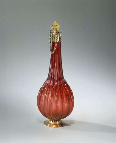 Ruby glass bottle with flattened spherical body with vertical ribs and gilt silver frame, anonymous, c. 1700 Canvas Print