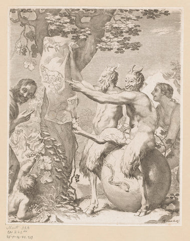 Satyers mocking with a drawing on a tree, Claude Mellan, 1636 - 1645 Canvas Print