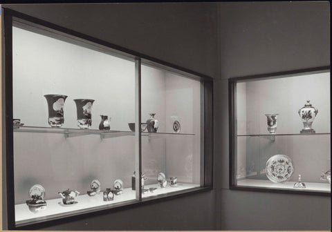 Corner of room 170 with ceramics, including crockery and vases, in built-in display cases, 1962 Canvas Print