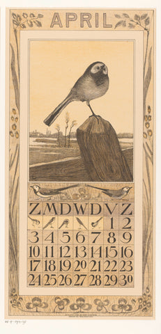 Calendar sheet April with wagtail, Theo van Hoytema, 1909 Canvas Print