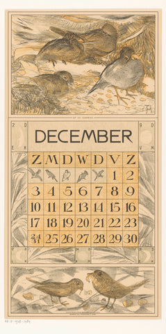 Calendar sheet December with eating birds, Theo van Hoytema, 1915 Canvas Print