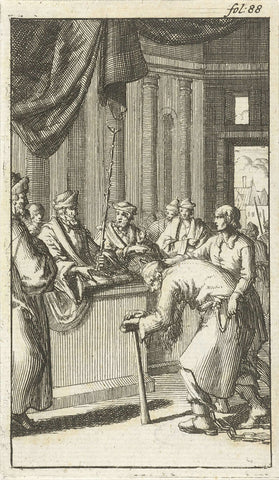 Chained old man appears before the judge, Jan Luyken, 1687 Canvas Print