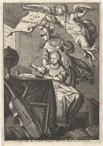 Woman writes at the table in the presence of Minerva and Faam with praise, Cornelis van Dalen (I), 1643 Canvas Print