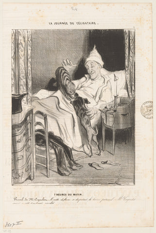 Cat and dog at the bachelor in bed, Honoré Daumier, 1839 Canvas Print