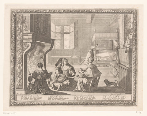 Interior with a minus with baby, a mother and maid around a fireplace, Abraham Bosse, 1633 Canvas Print