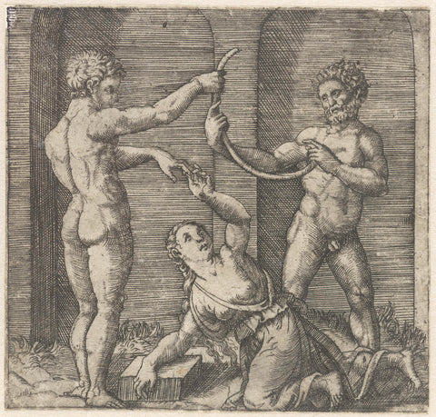 Two men bend bar crooked and woman slides ring to finger man, Marcantonio Raimondi, 1510 - 1575 Canvas Print