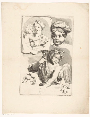 Study sheet with three heads and two hands, Pieter van den Berge, 1695 Canvas Print