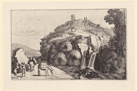 Reizigers bij een waterfall in een berglandschap, Jan van de Velde (II), 1603 - 1641 Canvas Print