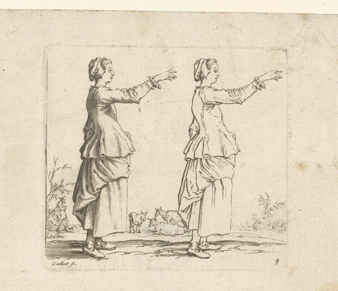 Twice the same peasant woman with raised arm, seen on the right, Jacques Callot, 1621 - 1624 Canvas Print