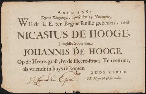 Invitation to Isaac van Erpecum for the funeral of Nicasius de Hooghe, anonymous, in or after 1661 Canvas Print