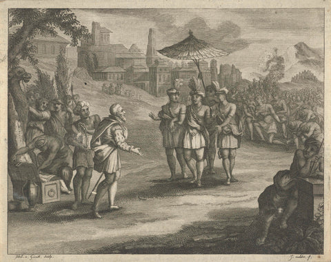 Hernán Cortés meets Montezuma in Tenochtitlan, 1519, Philip of Grace, 1685 - 1732 Canvas Print