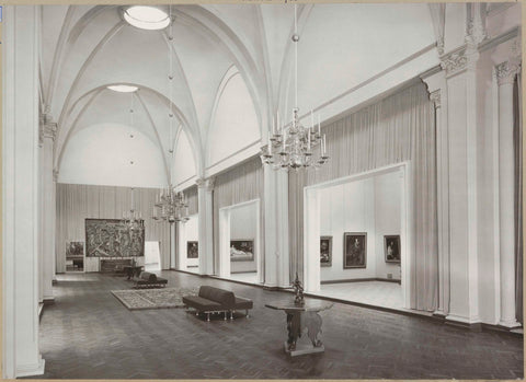 Gallery of honour with tripod tables, floor and tapestries, chandeliers, benches for visitors and view of three cabinets, 1958 Canvas Print