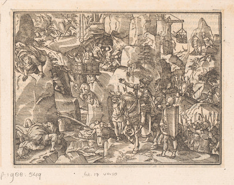 Herod's soldiers in baskets fight the bandits in their caves, anonymous, 1574 Canvas Print