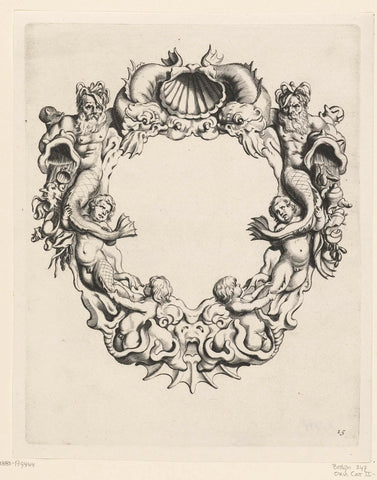 Cartouche with kwabornament, at the top of a shell flanked by dolphins, Michiel Mosijn, 1640 - 1655 Canvas Print