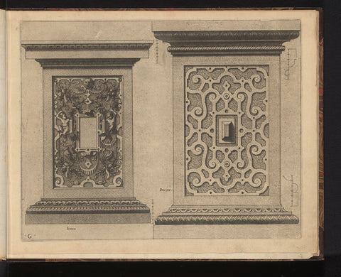 Two pedestals, in the Ionian and Doric Order, John or Luke of Doetechum, 1565 Canvas Print