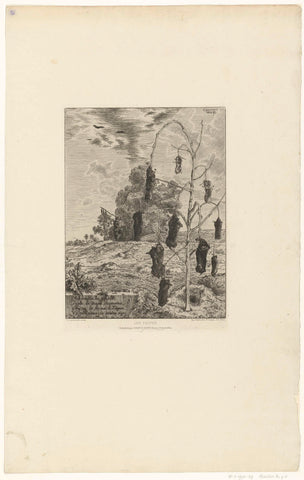 Landscape with dead moles on a tree and a mole trap, Félix Bracquemond, 1866 Canvas Print