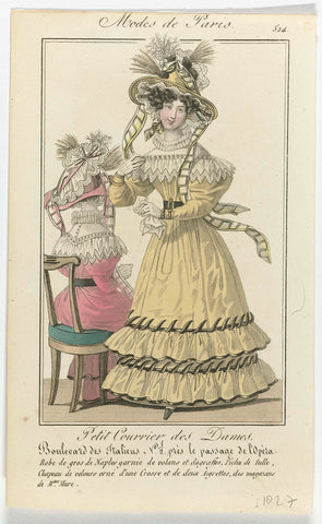 Petit Courrier des Dames, Modes de Paris, 1827, No. 514 : Robe de gros de Naples (...), anonymous, 1827 Canvas Print