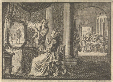 Italian wizard shows Catharina de' Medici in a mirror the future of her sons, ca. 1560, Jan Luyken, 1698 Canvas Print