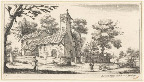 Landscape with a church, seen on the side wall, Jacques Callot (possibly), 1621 - 1672 Canvas Print