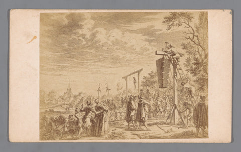 Photo Reproduction of an engraving of the corpse of Gilles van Ledenberg in a coffin hung from a gallows in 1619, anonymous, 1850 - 1900 Canvas Print