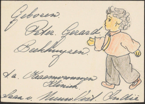 Handwritten birth announcement of Peter Gerard Beekhuyzen with a drawing of a small child, anonymous, c. 1930 - c. 1949 Canvas Print